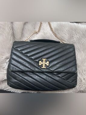 Tory Burch Black Quilted Chevron Shoulder Bag with Gold Logo